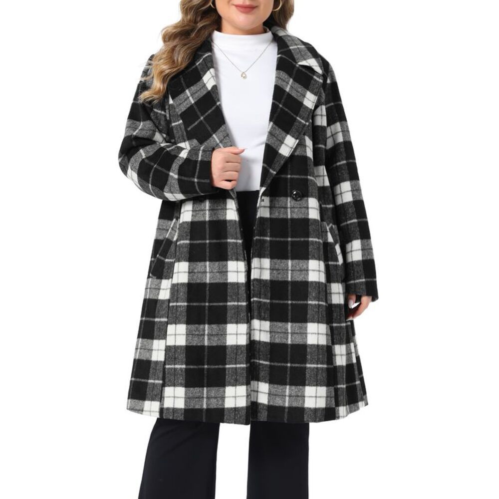 Women Plus Size Plaid Trench Coat Long Shacket Coats Black
